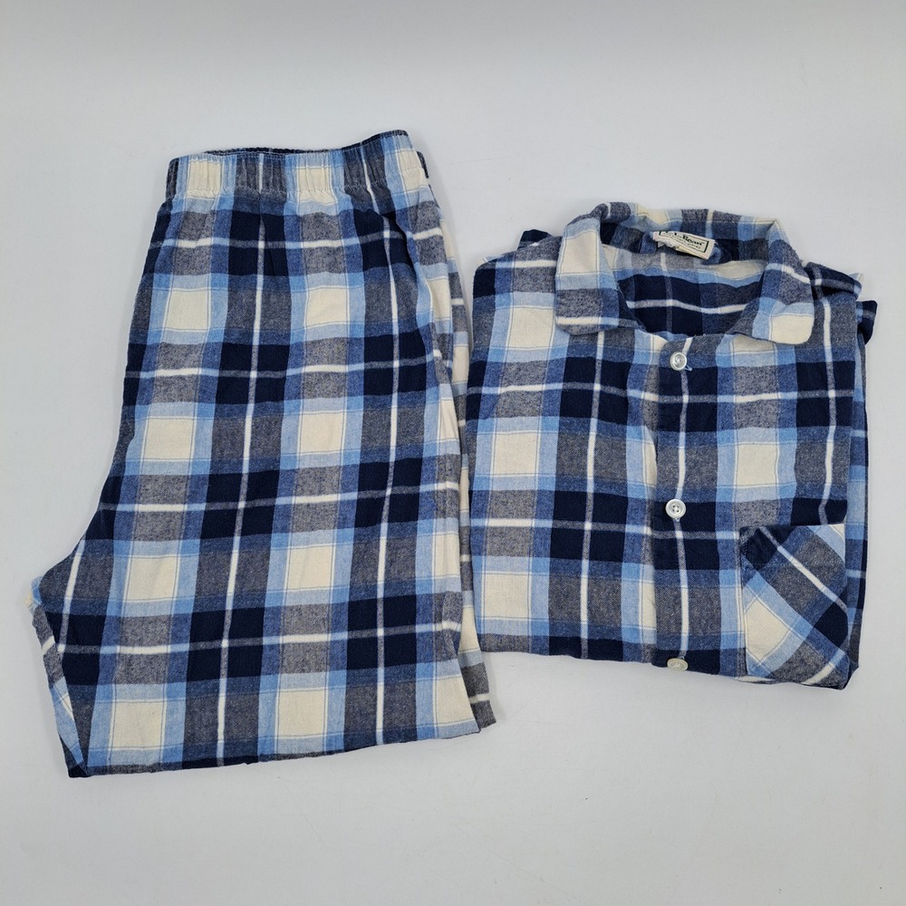 L.L. Bean Flannel Pajama Set Mens Large 100% Cotton Blue Plaid Made in USA